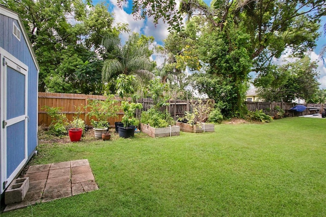 view of yard featuring a storage shed