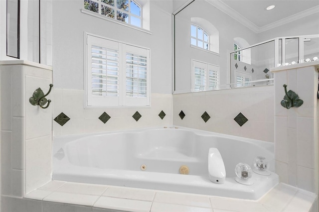 bathroom featuring crown molding, plenty of natural light, and shower with separate bathtub