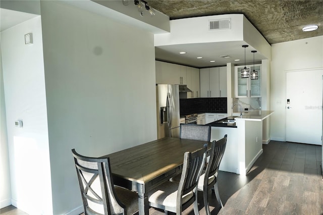 dining area featuring sink and dark hardwood / wood-style flooring