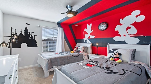 bedroom featuring light carpet and ceiling fan