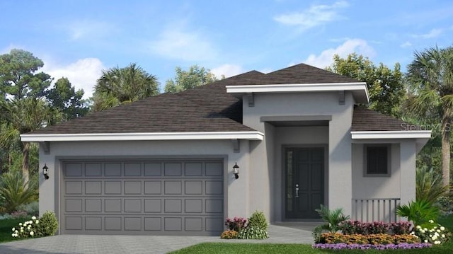 view of front facade featuring stucco siding, an attached garage, driveway, and roof with shingles