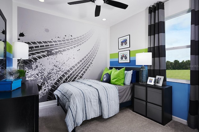 bedroom featuring carpet and ceiling fan