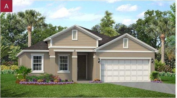 2280 Sirena Ln, Mount Dora, FL 32757 - view of front of house with an attached garage, driveway, stucco siding, and a front yard