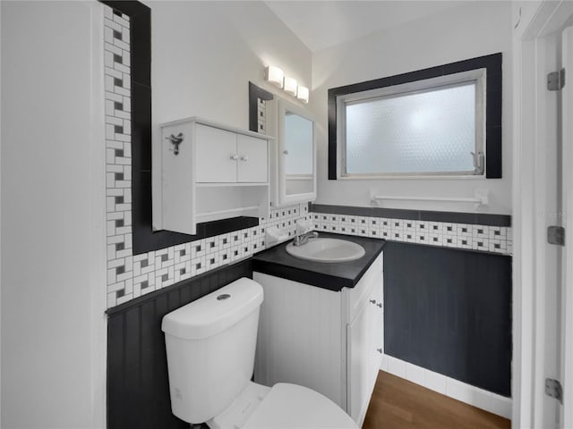 bathroom featuring toilet, plenty of natural light, tasteful backsplash, and vanity