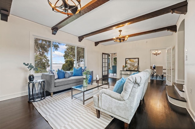 living room featuring a chandelier, dark hardwood / wood-style flooring, and beam ceiling