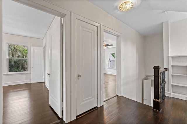 hall with dark hardwood / wood-style flooring and vaulted ceiling