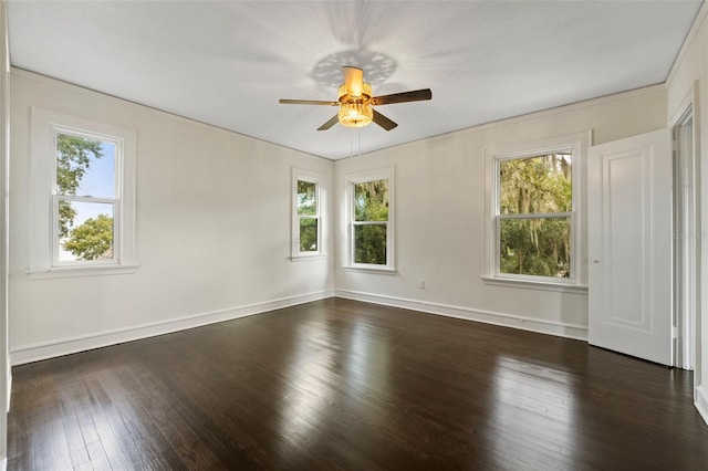 spare room featuring dark wood-style flooring, a healthy amount of sunlight, and baseboards