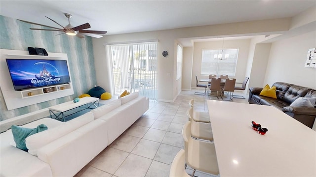 tiled living room featuring ceiling fan