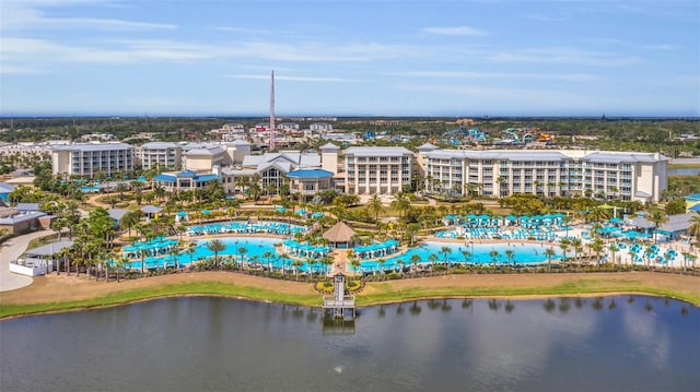 birds eye view of property featuring a water view