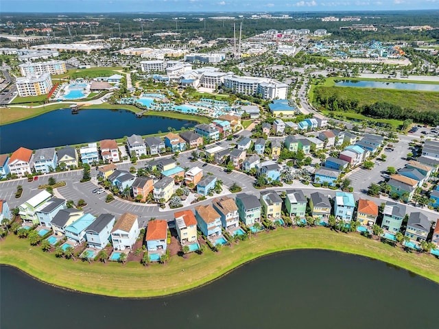 drone / aerial view with a water view