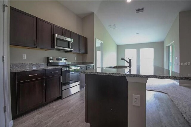 kitchen featuring dark brown cabinetry, stainless steel appliances, sink, and a center island with sink