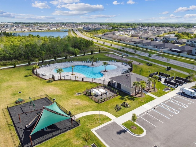 aerial view featuring a water view