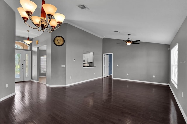 unfurnished living room featuring high vaulted ceiling, ceiling fan with notable chandelier, and dark hardwood / wood-style flooring