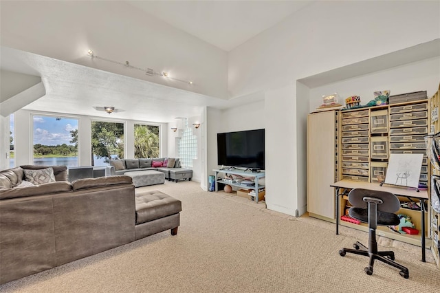 carpeted living room with track lighting