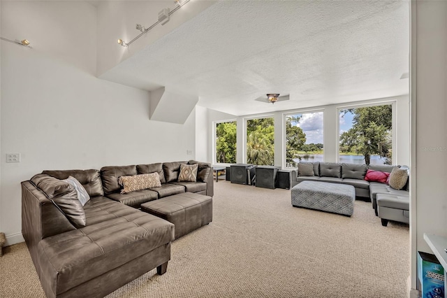 living room featuring carpet and a textured ceiling