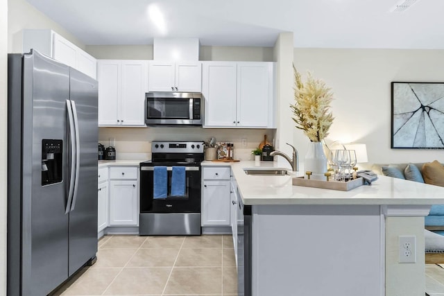 kitchen featuring kitchen peninsula, sink, white cabinetry, appliances with stainless steel finishes, and light tile patterned floors