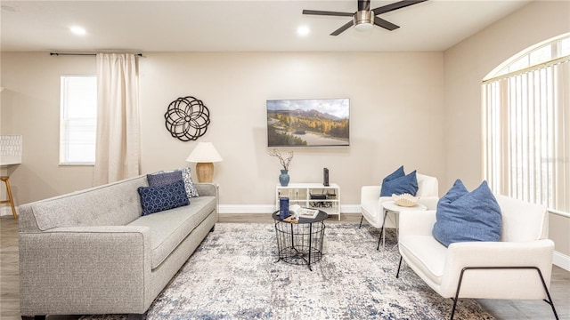 living room with ceiling fan and hardwood / wood-style floors