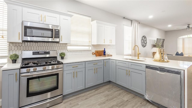 kitchen featuring kitchen peninsula, sink, white cabinetry, appliances with stainless steel finishes, and gray cabinetry