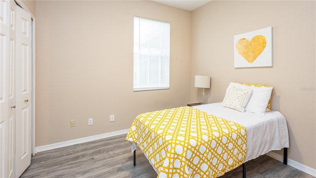 bedroom featuring wood-type flooring and a closet