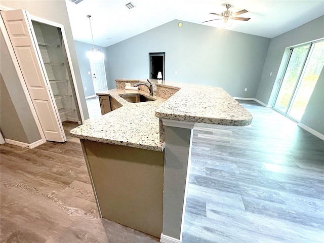 161 Fisher Crse, Ocklawaha, FL 32179 - kitchen with a sink, vaulted ceiling, baseboards, wood finished floors, and a ceiling fan