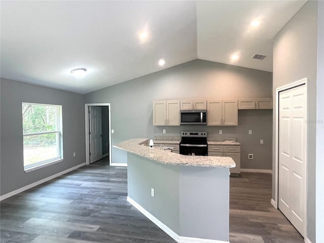 161 Fisher Crse, Ocklawaha, FL 32179 - kitchen featuring stainless steel microwave, electric range oven, lofted ceiling, dark wood-style flooring, and baseboards