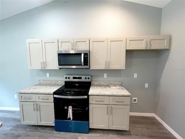 161 Fisher Crse, Ocklawaha, FL 32179 - kitchen featuring stainless steel appliances, baseboards, wood finished floors, light stone counters, and vaulted ceiling