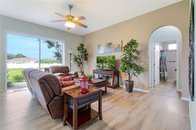 living room with light hardwood / wood-style flooring and ceiling fan