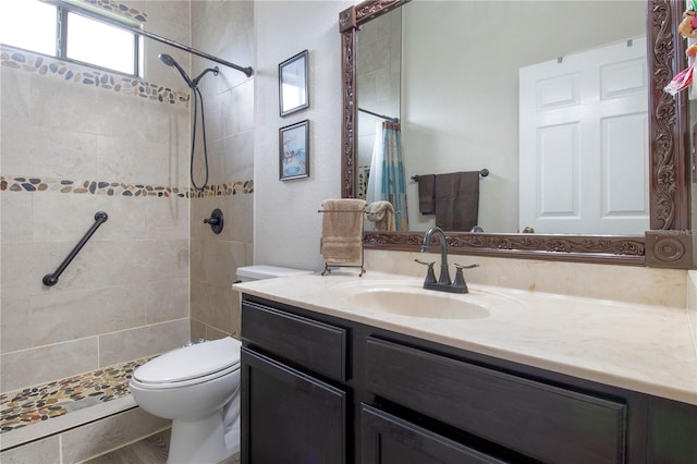 bathroom featuring toilet, vanity, and a shower with shower curtain