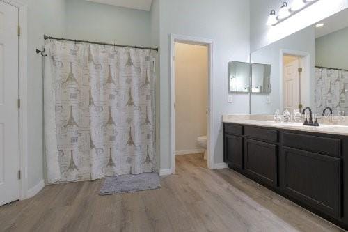 bathroom featuring vanity, hardwood / wood-style flooring, and toilet