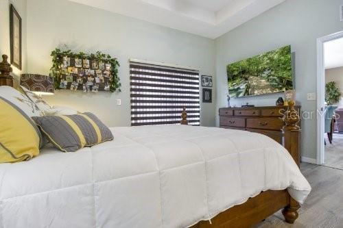 bedroom with hardwood / wood-style flooring and a tray ceiling