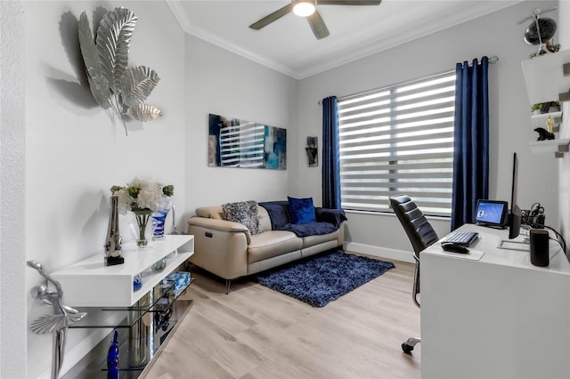 office with light hardwood / wood-style floors, crown molding, and ceiling fan