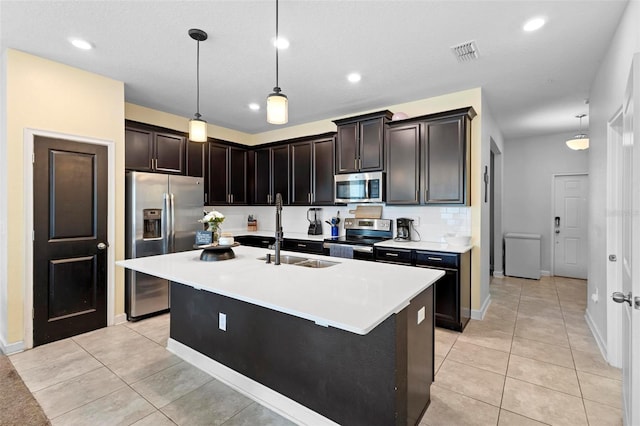 kitchen with a kitchen island with sink, sink, stainless steel appliances, and hanging light fixtures