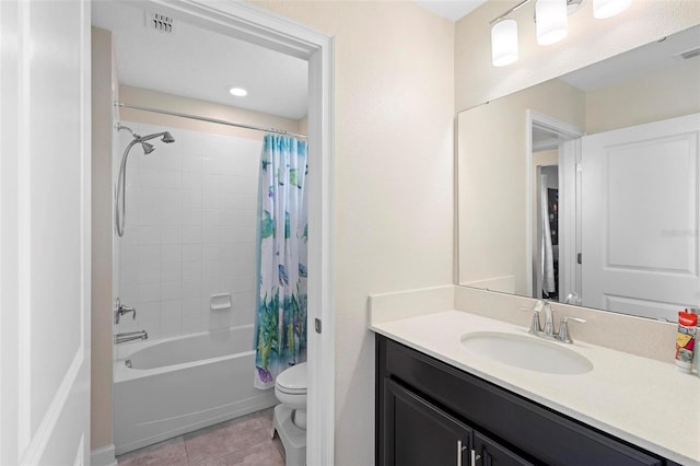 full bathroom with shower / bathtub combination with curtain, tile patterned floors, toilet, and vanity