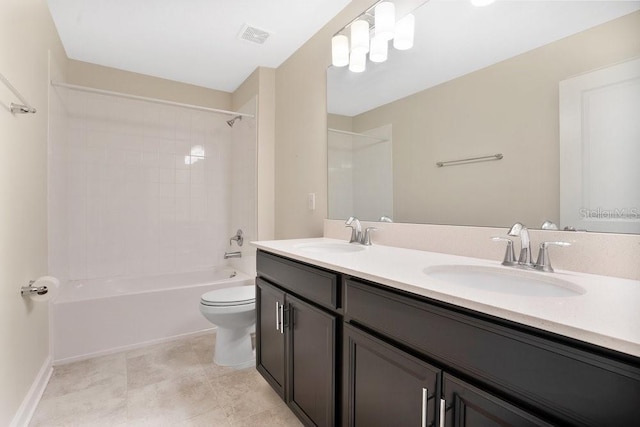 full bathroom with shower / bath combination, toilet, tile patterned flooring, and dual bowl vanity