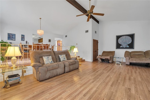 living room with beam ceiling, ceiling fan, high vaulted ceiling, and light hardwood / wood-style floors