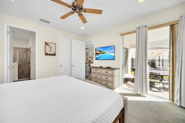bedroom with access to exterior, carpet floors, ensuite bathroom, visible vents, and recessed lighting