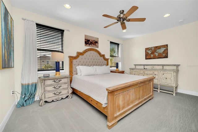 bedroom with carpet floors, baseboards, ceiling fan, and recessed lighting