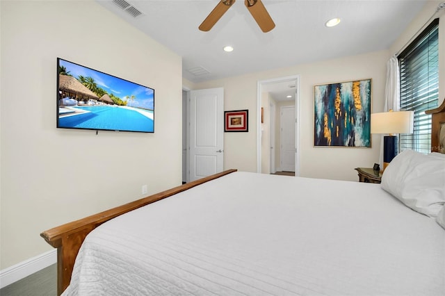 bedroom featuring baseboards, visible vents, recessed lighting, and a ceiling fan
