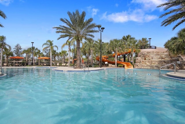 view of swimming pool with a water slide