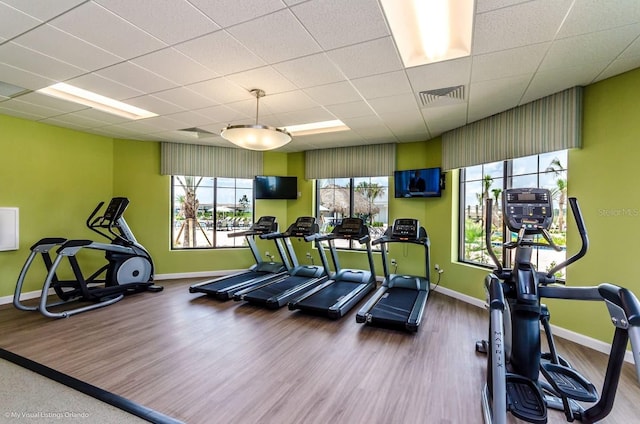 workout area featuring hardwood / wood-style flooring and a drop ceiling