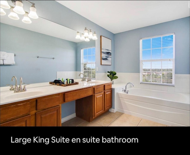 bathroom featuring tile patterned floors, vanity, a tub, and a healthy amount of sunlight