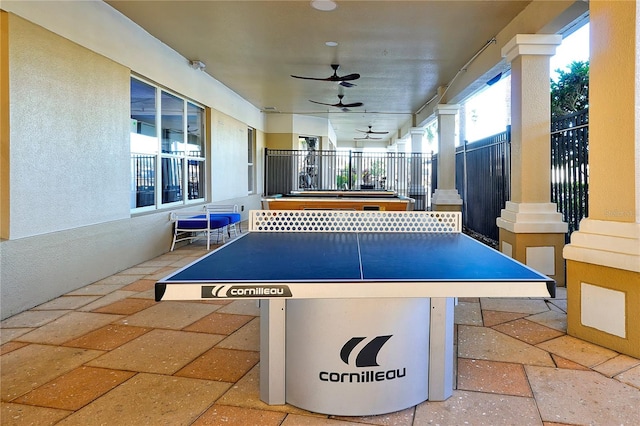 recreation room featuring ceiling fan