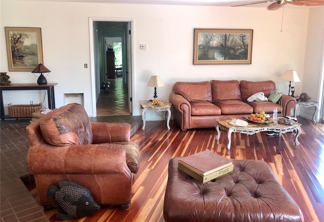 living room with dark hardwood / wood-style flooring