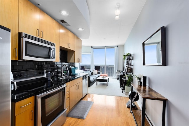 kitchen with sink, backsplash, a wall of windows, light hardwood / wood-style floors, and stainless steel appliances