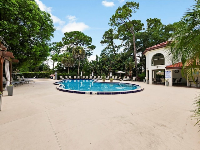 view of swimming pool featuring a patio