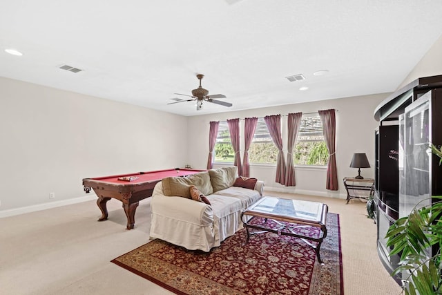 rec room with pool table, light colored carpet, and ceiling fan