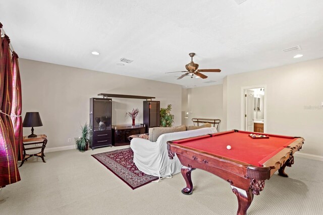 rec room featuring billiards, ceiling fan, and light colored carpet