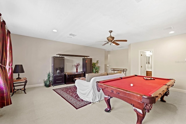 game room with pool table, light colored carpet, and ceiling fan