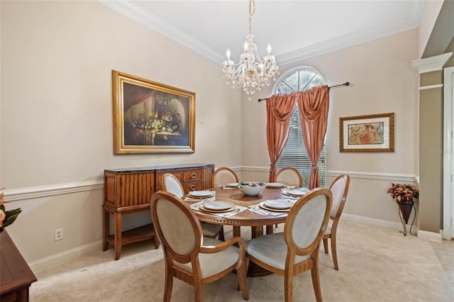 carpeted dining space featuring ornamental molding and a chandelier