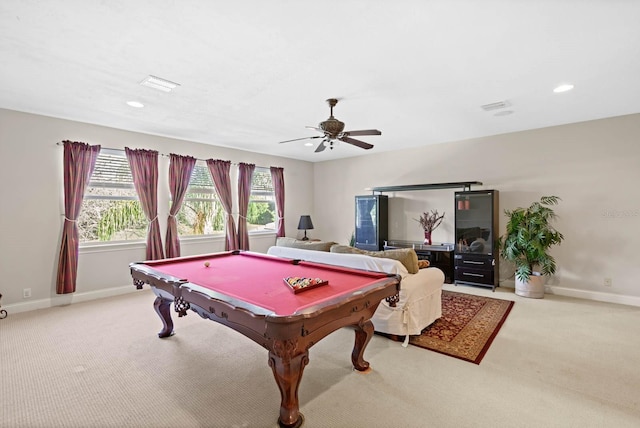 recreation room featuring pool table, light colored carpet, and ceiling fan